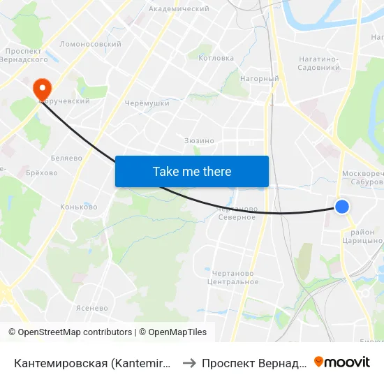Кантемировская (Kantemirovskaya) to Проспект Вернадского map