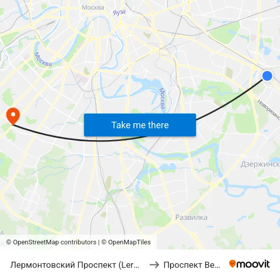 Лермонтовский Проспект (Lermontovsky Prospekt) to Проспект Вернадского map