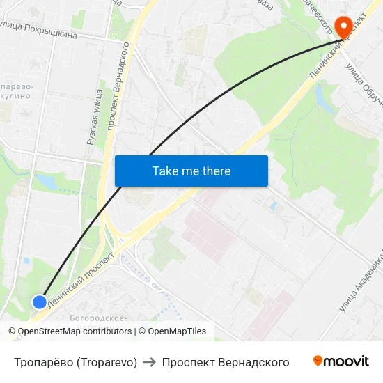 Тропарёво (Troparevo) to Проспект Вернадского map