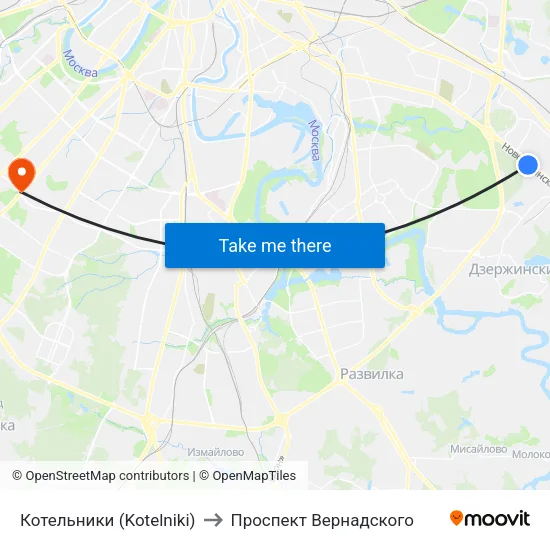 Котельники (Kotelniki) to Проспект Вернадского map