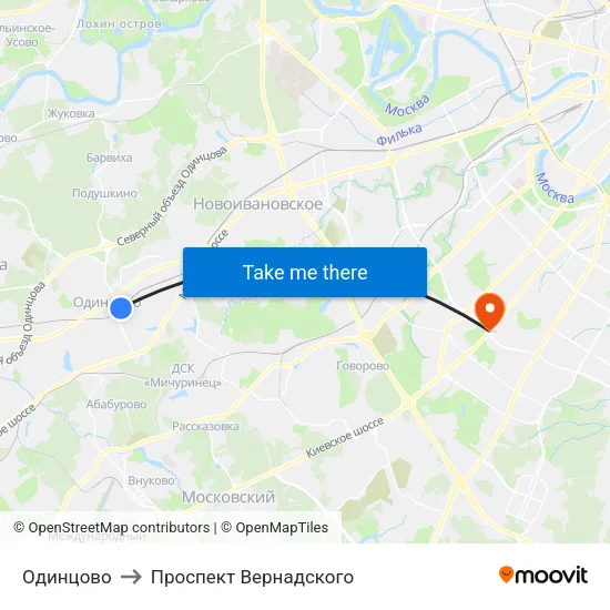 Одинцово to Проспект Вернадского map
