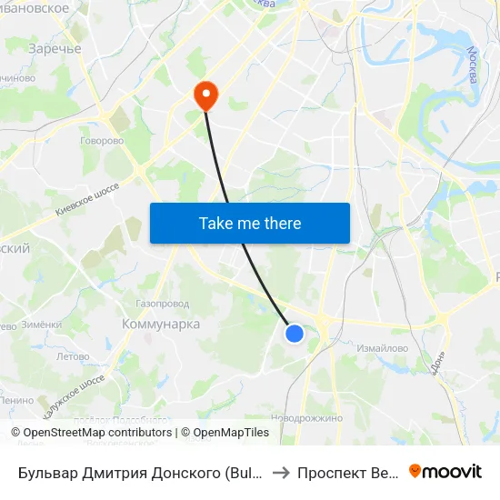 Бульвар Дмитрия Донского (Bulvar Dmitriya Donskogo) to Проспект Вернадского map