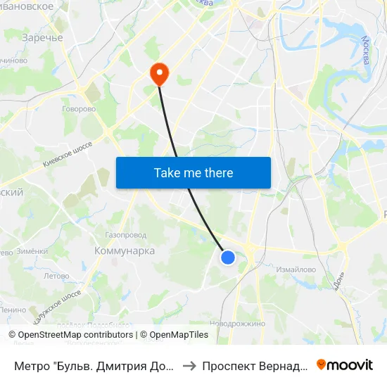 Метро "Бульв. Дмитрия Донского" to Проспект Вернадского map