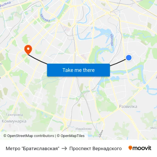 Метро "Братиславская" to Проспект Вернадского map