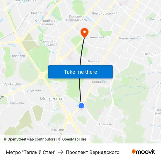 Метро "Теплый Стан" to Проспект Вернадского map