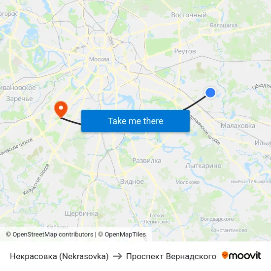 Некрасовка (Nekrasovka) to Проспект Вернадского map