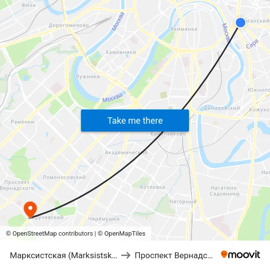 Марксистская (Marksistskaya) to Проспект Вернадского map