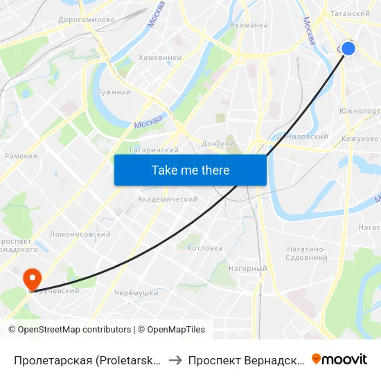 Пролетарская (Proletarskaya) to Проспект Вернадского map