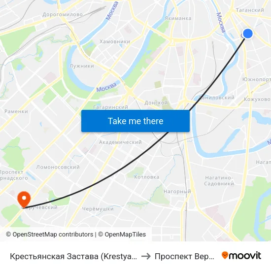 Крестьянская Застава (Krestyanskaya Zastava) to Проспект Вернадского map