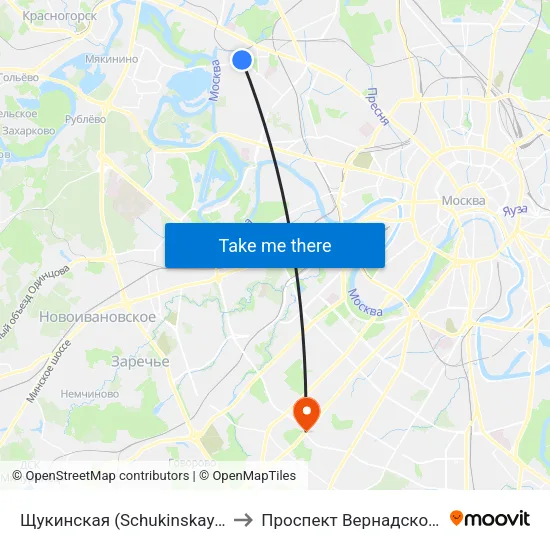 Щукинская (Schukinskaya) to Проспект Вернадского map