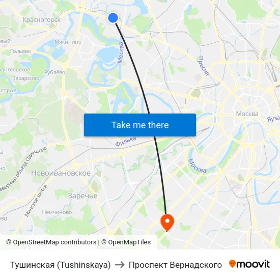Тушинская (Tushinskaya) to Проспект Вернадского map