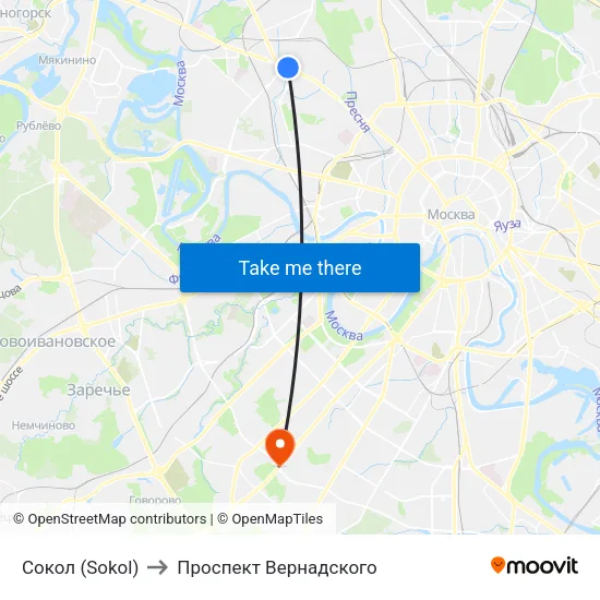 Сокол (Sokol) to Проспект Вернадского map