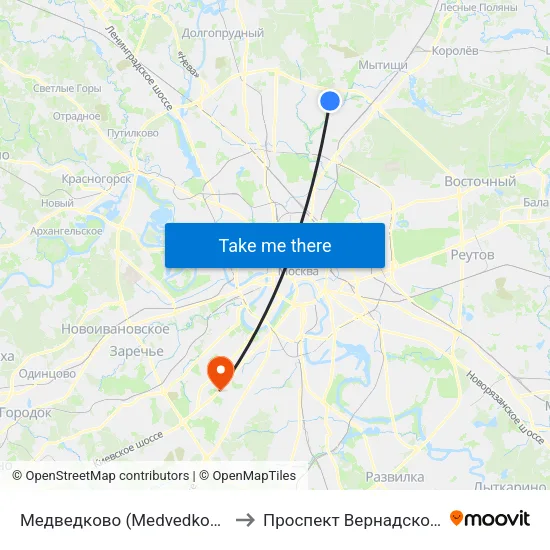 Медведково (Medvedkovo) to Проспект Вернадского map
