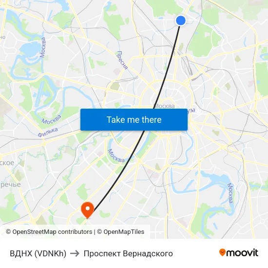 ВДНХ (VDNKh) to Проспект Вернадского map