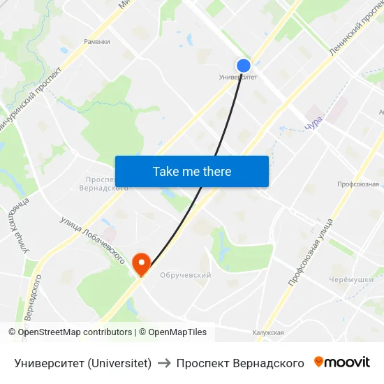 Университет (Universitet) to Проспект Вернадского map