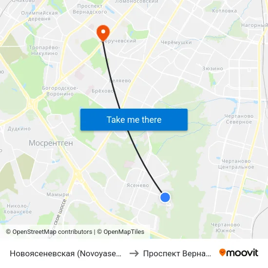 Новоясеневская (Novoyasenevskaya) to Проспект Вернадского map