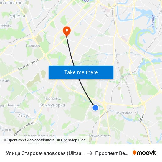 Улица Старокачаловская (Ulitsa Starokachalovskaya) to Проспект Вернадского map