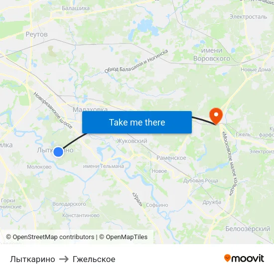 Лыткарино to Гжельское map