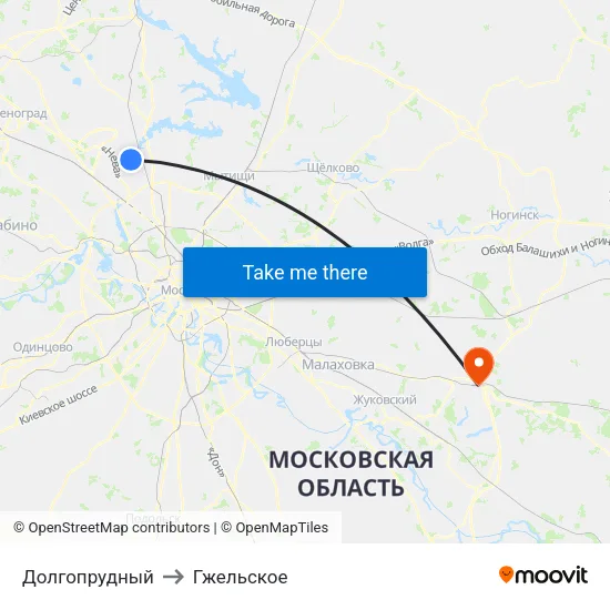 Долгопрудный to Гжельское map