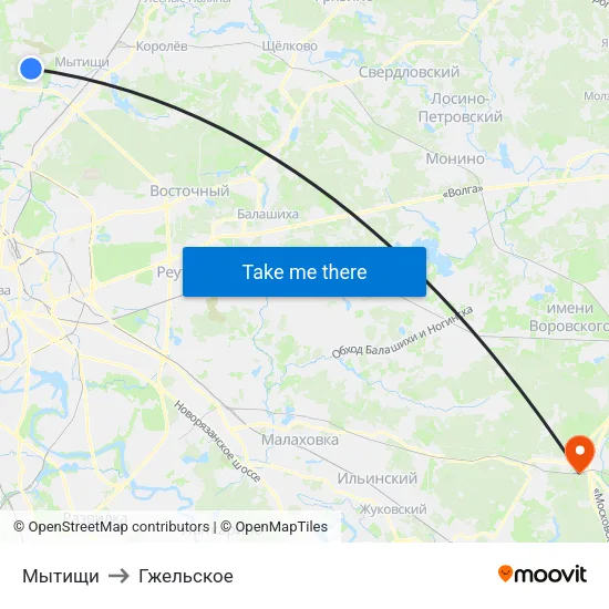 Мытищи to Гжельское map