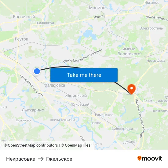 Некрасовка to Гжельское map