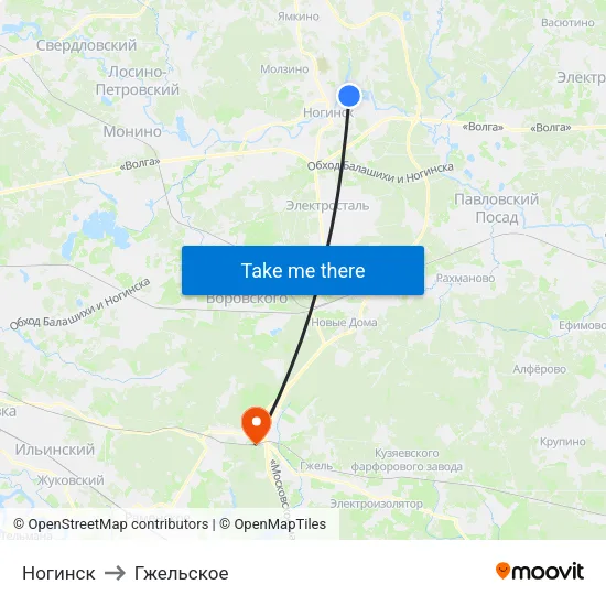 Ногинск to Гжельское map