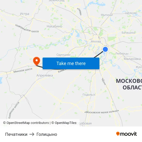 Печатники to Голицыно map
