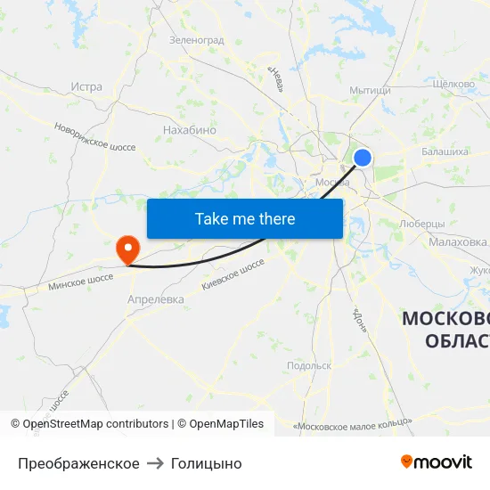 Преображенское to Голицыно map