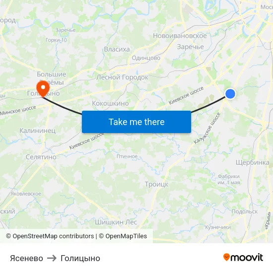 Ясенево to Голицыно map