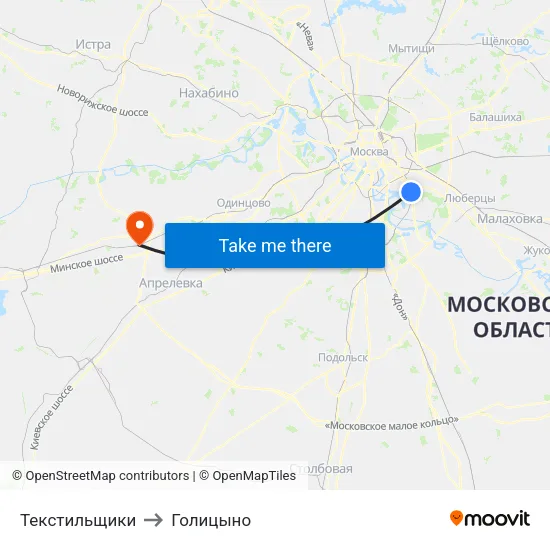 Текстильщики to Голицыно map