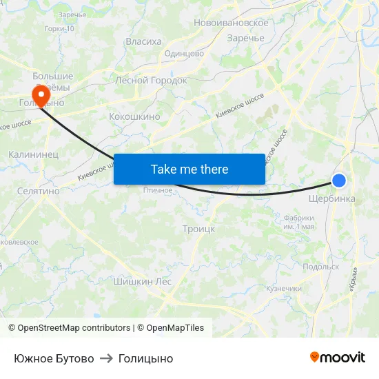 Южное Бутово to Голицыно map