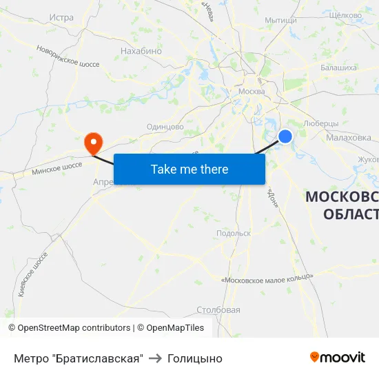 Метро "Братиславская" to Голицыно map