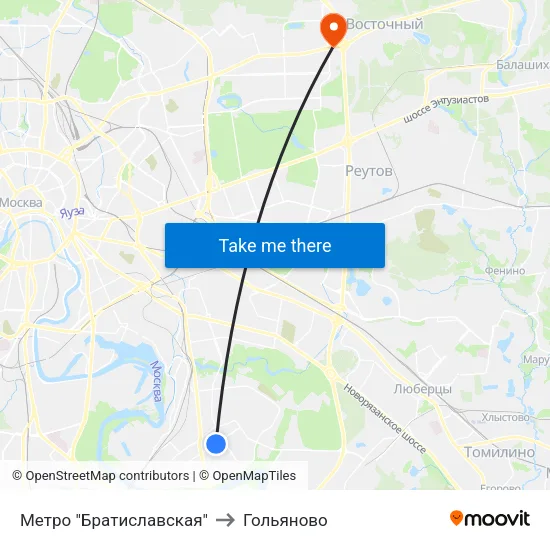 Метро "Братиславская" to Гольяново map