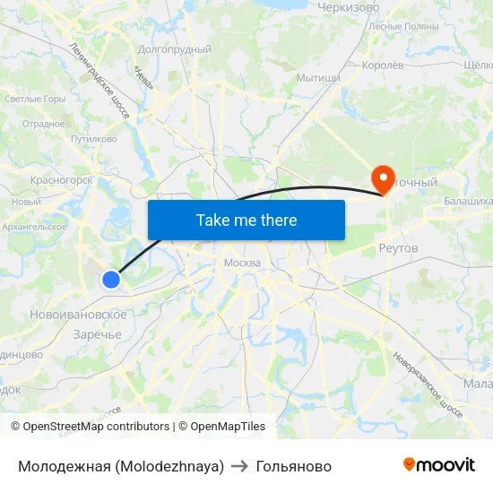 Молодежная (Molodezhnaya) to Гольяново map