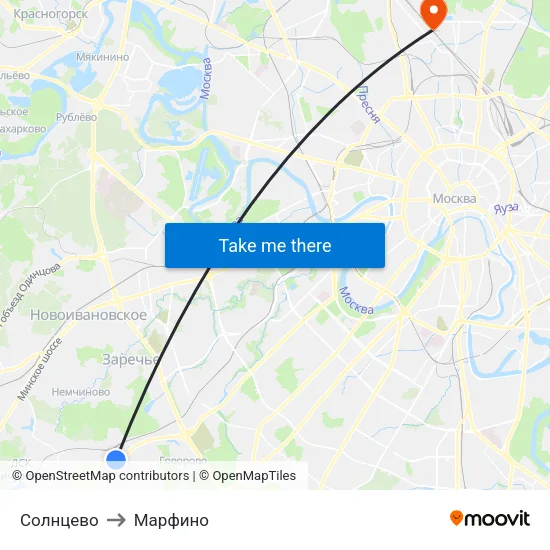 Солнцево to Марфино map