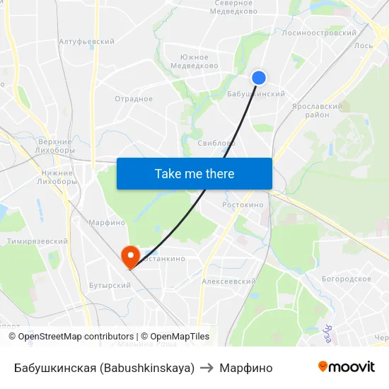 Бабушкинская (Babushkinskaya) to Марфино map