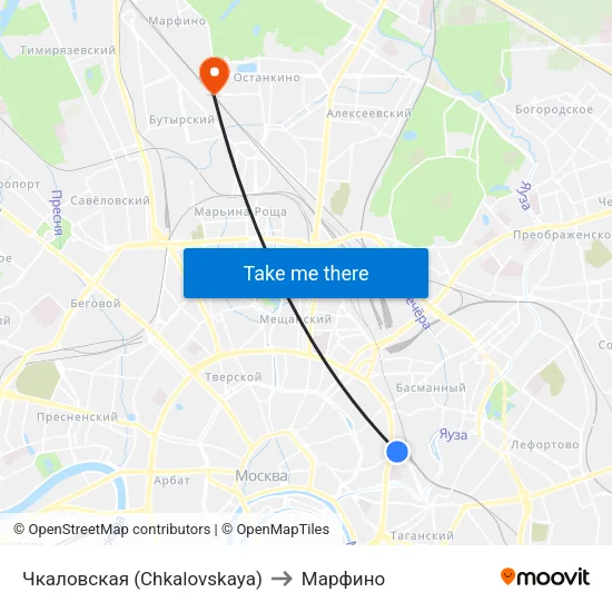 Чкаловская (Chkalovskaya) to Марфино map