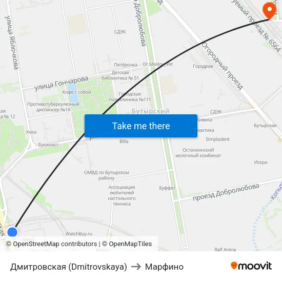 Дмитровская (Dmitrovskaya) to Марфино map