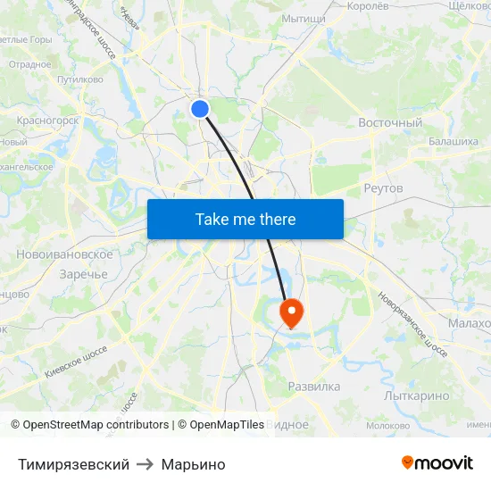 Тимирязевский to Марьино map