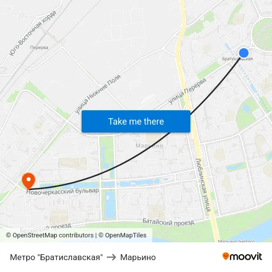 Метро "Братиславская" to Марьино map