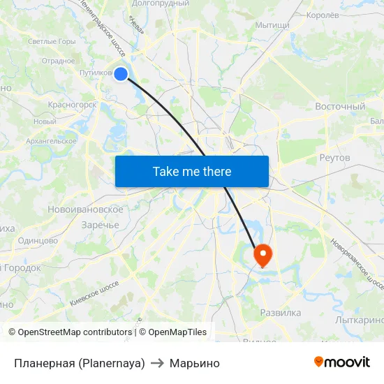 Планерная (Planernaya) to Марьино map