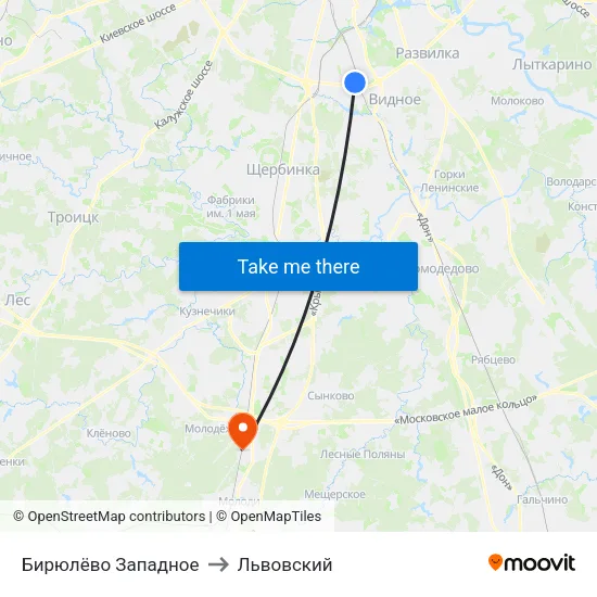Бирюлёво Западное to Львовский map