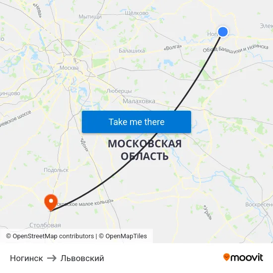 Ногинск to Львовский map