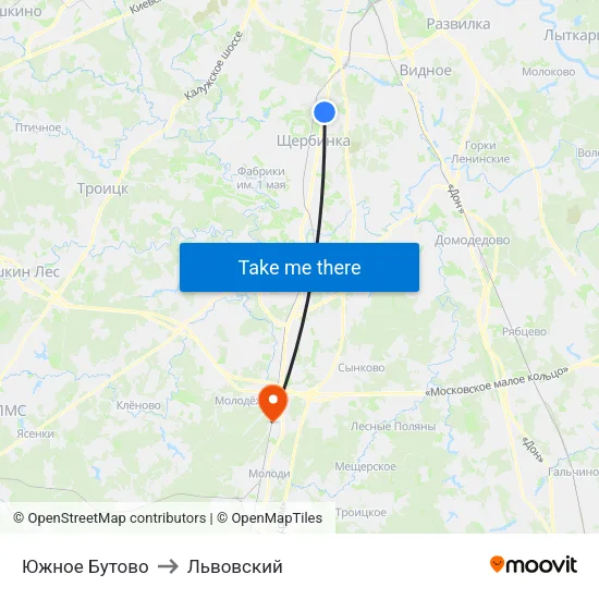 Южное Бутово to Львовский map