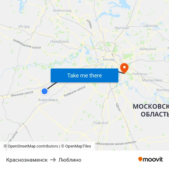 Краснознаменск to Люблино map