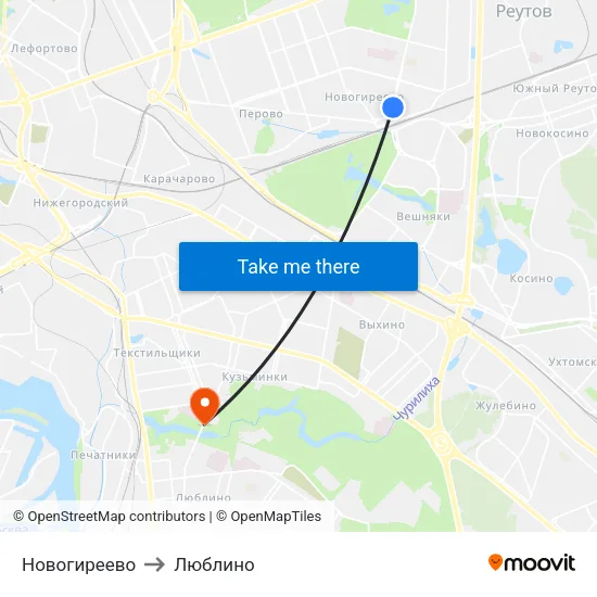 Новогиреево to Люблино map