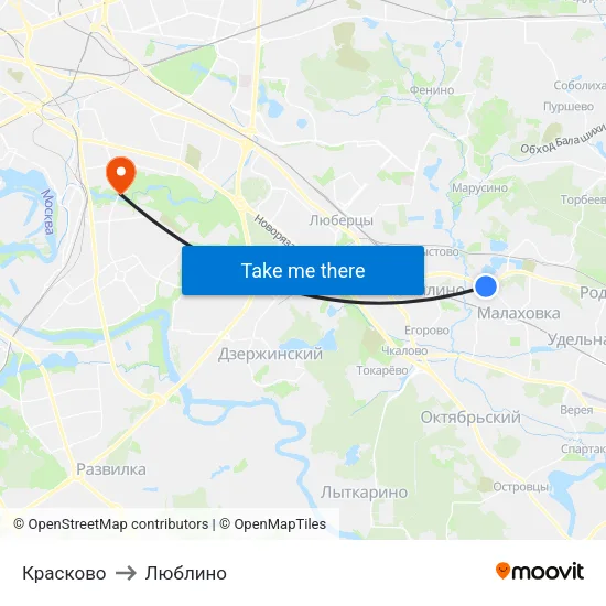Красково to Люблино map