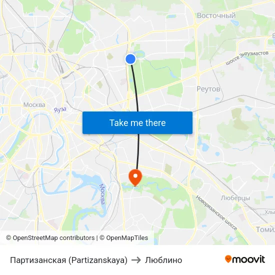 Партизанская (Partizanskaya) to Люблино map
