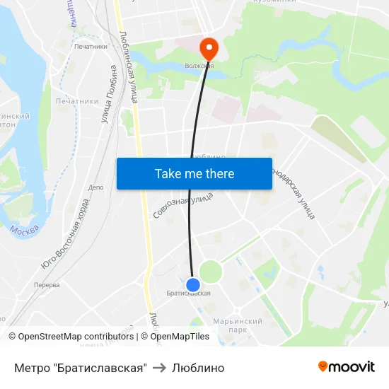 Метро "Братиславская" to Люблино map