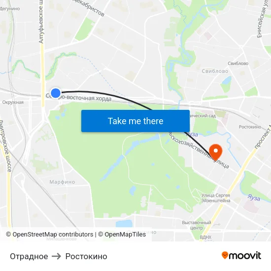 Отрадное to Ростокино map